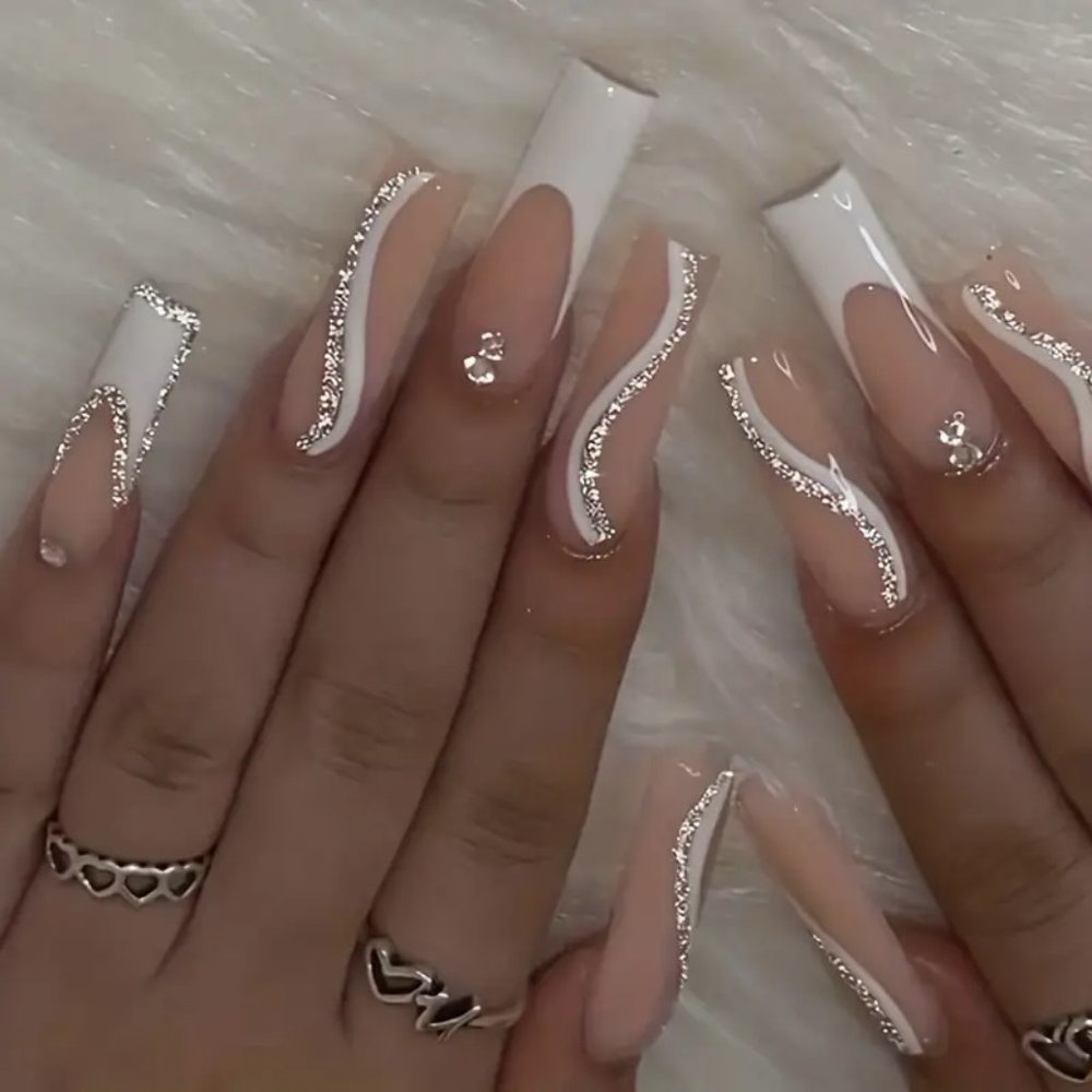 24pcs White French Tip Fake Nails, Glitter Swirl Press On Nails